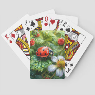 Ladybug Perched on Dew-Covered Strawberry Plant Poker Cards