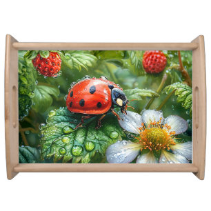 Ladybug Perched on Dew-Covered Strawberry Plant Serving Tray