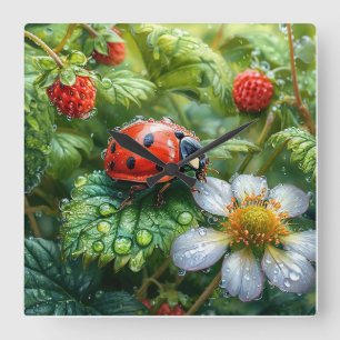 Ladybug Perched on Dew-Covered Strawberry Plant Square Wall Clock