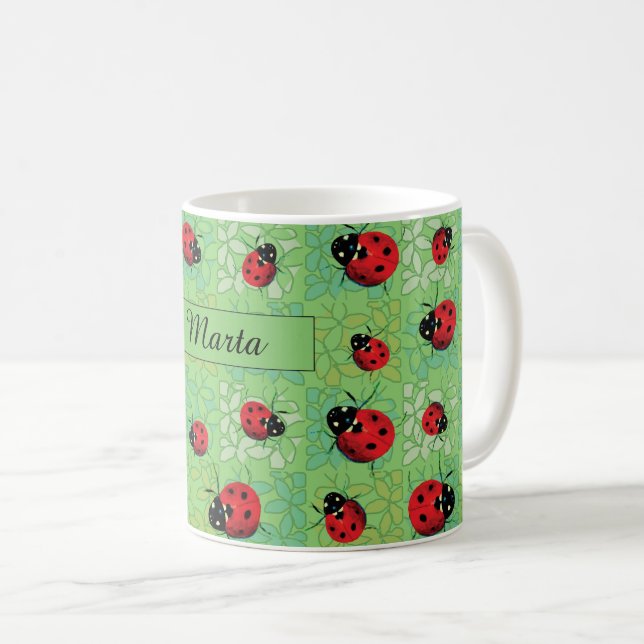 Ladybug Petals Green Pattern Coffee Mug (Front Right)