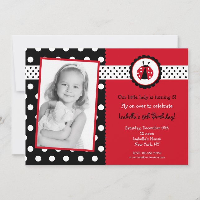 Ladybug Photo Birthday Party Invitations Girl Kids (Front)