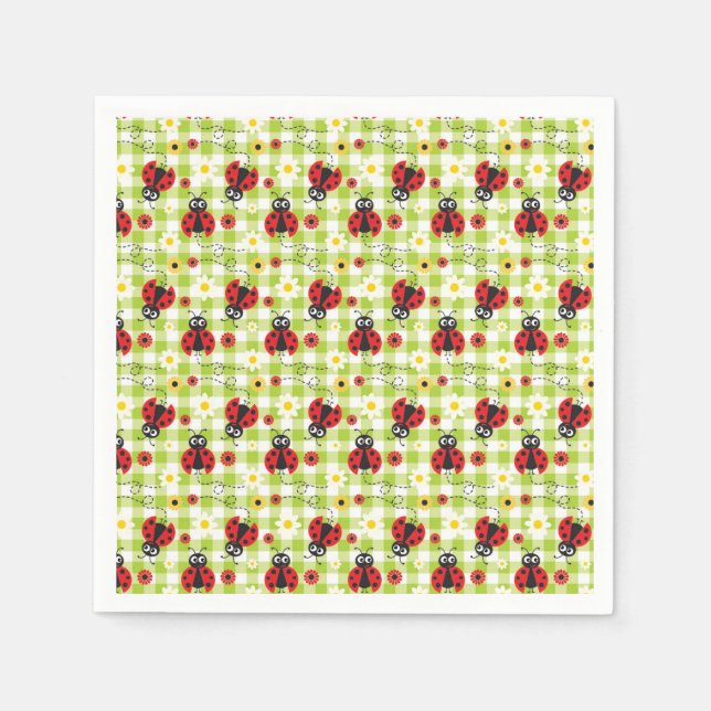 Ladybug Picnic Red Green Gingham Summer Napkins (Front)