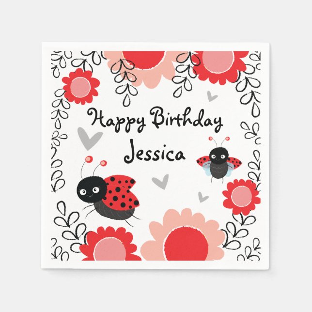 Ladybug Pink and Red Floral Bithday Party Napkins (Front)