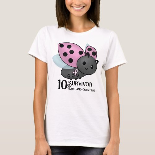 Ladybug Pink Awareness Ribbon 10 years survivor T_ T_Shirt
