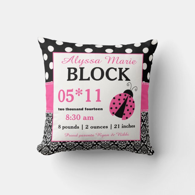 Ladybug Pink Black Baby Announcement Pillow (Front)