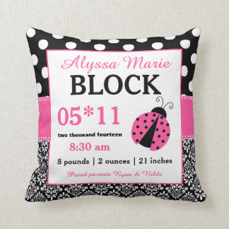 Ladybug Pink Black Baby Announcement Pillow