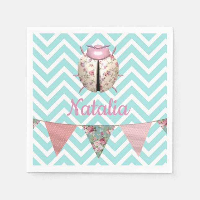 Ladybug pink floral on blue white chevron bunting napkins (Front)