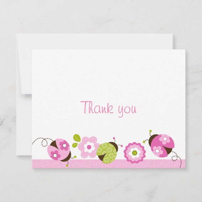 Ladybug Pink Green Flower Thank You Note Cards (Front)