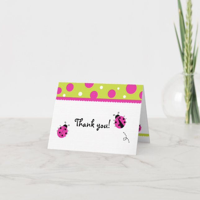 Ladybug Pink Green Folded Thank you note cards (Front)