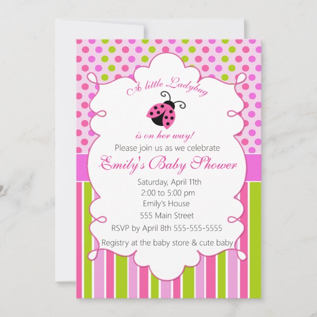 Ladybug Pink Green Girl Baby Shower Invitation (Front)