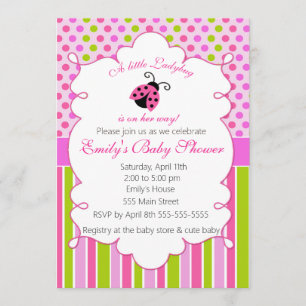 Ladybug Pink Green Girl Baby Shower Invitation