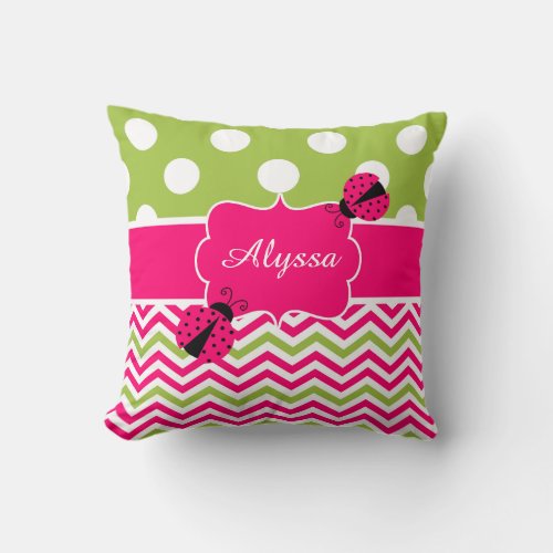 Ladybug Pink Green Personalized Pillow