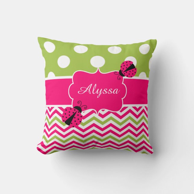 Ladybug Pink Green Personalized Pillow (Front)