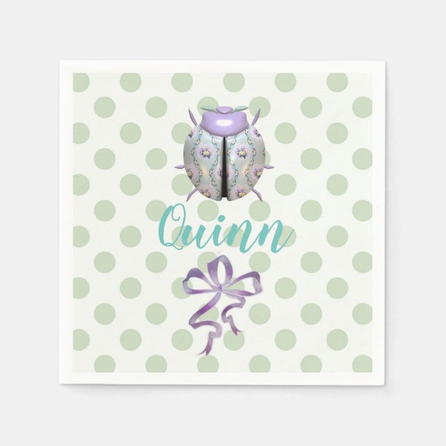 Ladybug polka dot and floral green white purple napkins (Front)