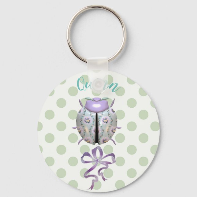 Ladybug polka dot floral cute purple green keychain (Front)