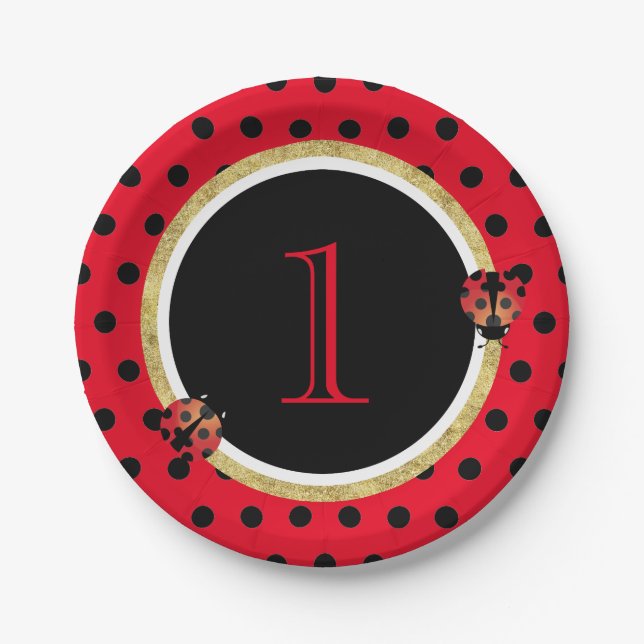 Ladybug Polka Dots Cute Girl 1st Birthday Party Paper Plates (Front)