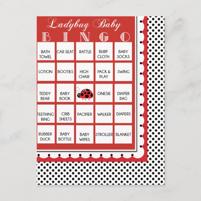 Ladybug Polkadots Baby Shower Bingo Card 12 (Front)