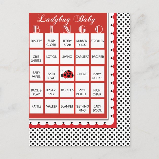 Ladybug Polkadots Baby Shower Bingo Card 20 (Front)