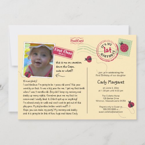 Ladybug Postcard Birthday Party Invitation