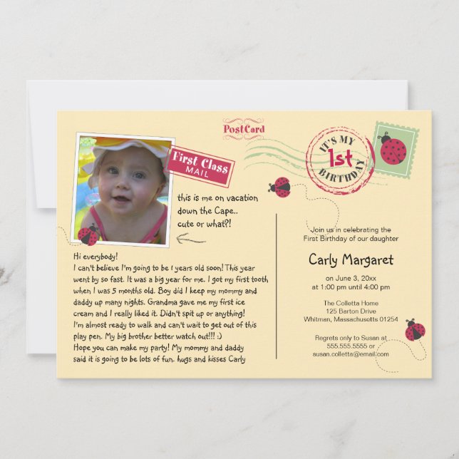Ladybug Postcard Birthday Party Invitation (Front)