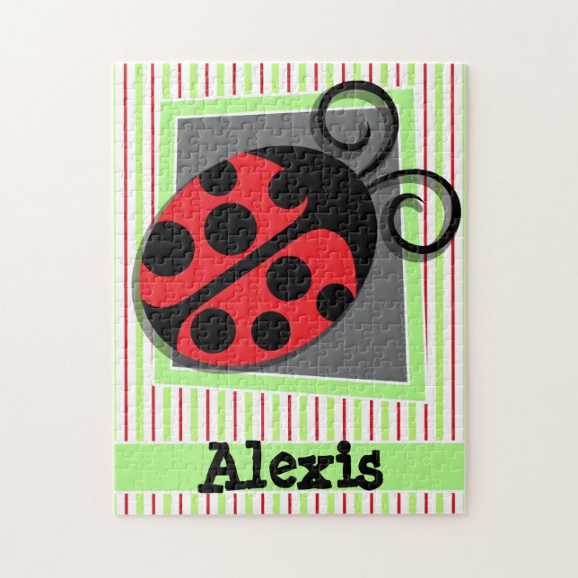 Ladybug; Red and Lime Green Stripes Jigsaw Puzzle (Vertical)