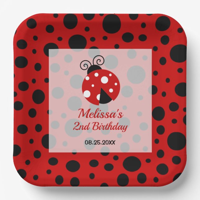 Ladybug Red Black Frame Polka Dots Kids Birthday Paper Plates (Front)