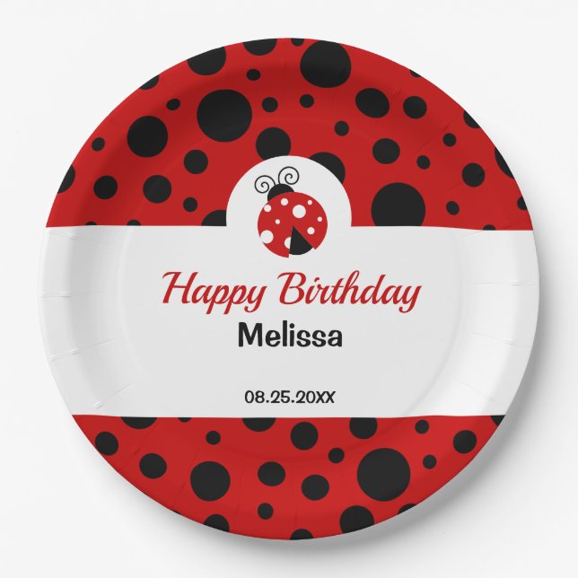 Ladybug Red Black Polka Dots Kids Birthday  Paper Plates (Front)