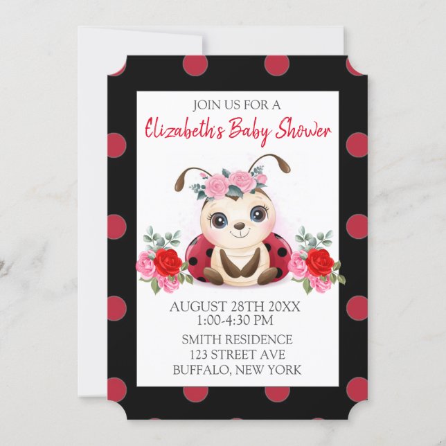Ladybug Red Pink Flora Girl Baby Shower Invitation (Front)