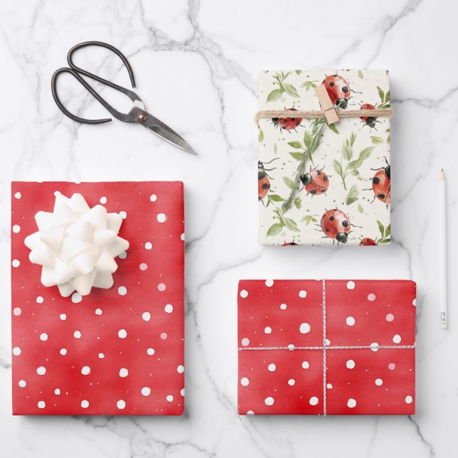 Ladybug Red White Dots Birthday Wrapping Paper Sheets (Front)