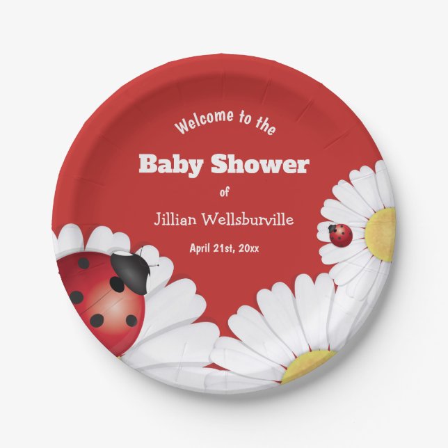 Ladybug Red White Flower Baby Shower Paper Paper Plates (Front)