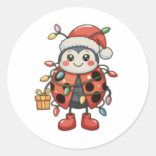 Ladybug Santa Hat Christmas Lights Present Box Classic Round Sticker