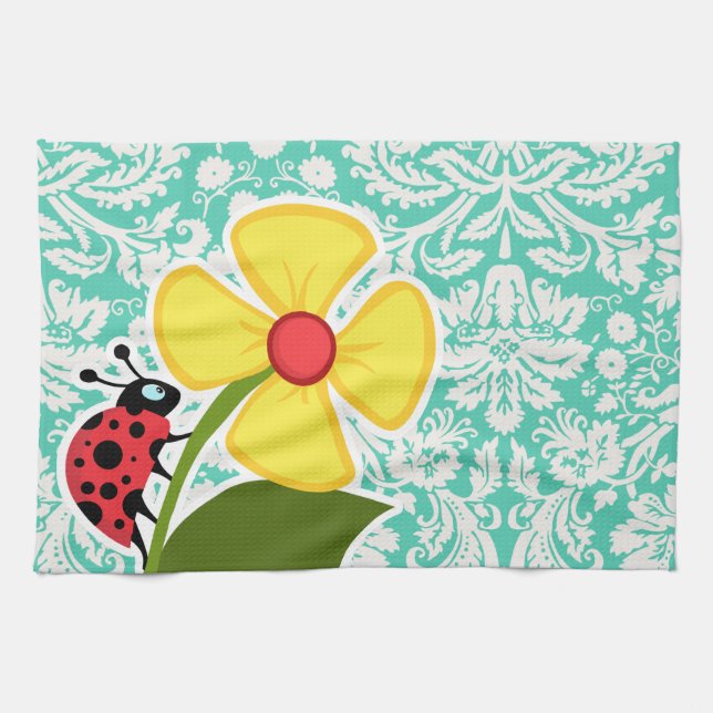 Ladybug; Seafoam Green Damask Kitchen Towel (Horizontal)