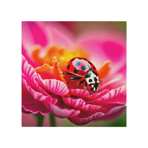 Ladybug Serenity Vibrant Pink Garden Flower Wood Wall Art