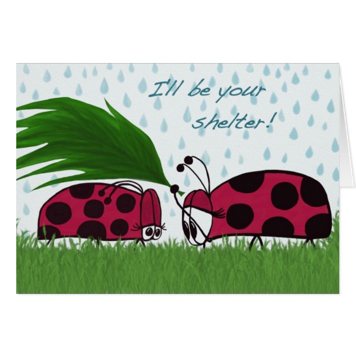 Ladybug sheltering the other with a leaf greeting cards