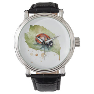 Ladybug sitting on a leaf in vibrant water color watch