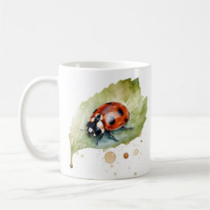 Ladybug sitting on a leaf in vibrant watercolor coffee mug