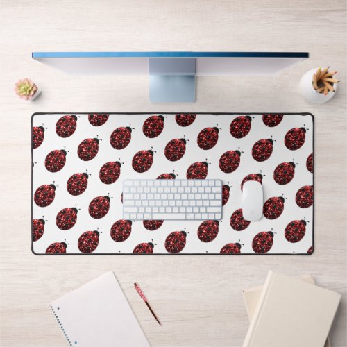 Ladybug sparkles red girly pattern on white desk mat