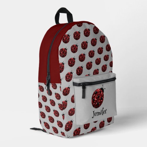Ladybug sparkles red pattern gray custom name printed backpack