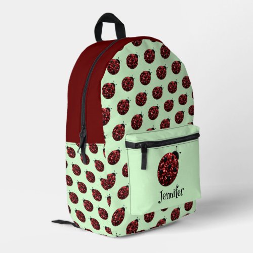 Ladybug sparkles red pattern green custom name printed backpack