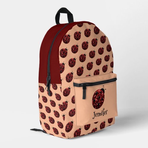 Ladybug sparkles red pattern peach custom name printed backpack