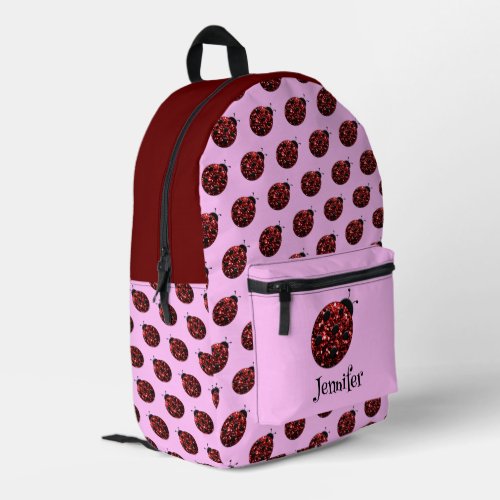 Ladybug sparkles red pattern pink custom name printed backpack