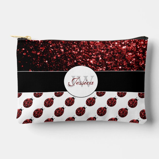 Ladybug sparkles red pattern white custom Monogram Accessory Pouch (Front)