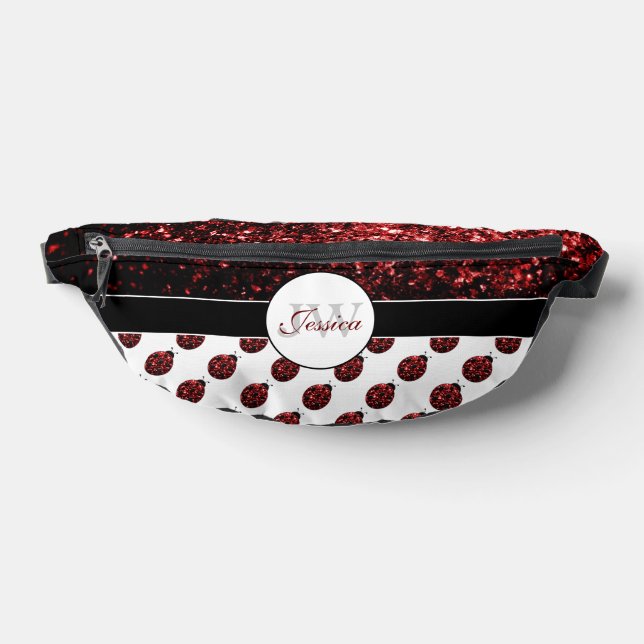 Ladybug sparkles red pattern white custom Monogram Fanny Pack (Lay Down)