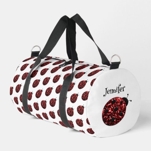 Ladybug sparkles red pattern white custom name duffle bag