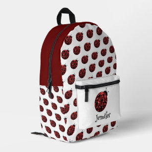 Ladybug sparkles red pattern white custom name printed backpack