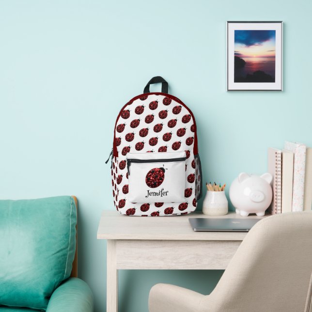 Ladybug sparkles red pattern white custom name printed backpack (Insitu)