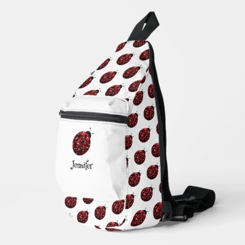 Ladybug sparkles red pattern white custom name sling bag