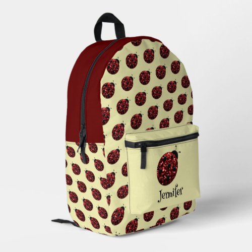 Ladybug sparkles red pattern yellow custom name printed backpack