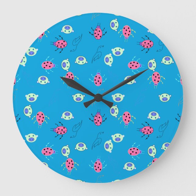 Ladybug, Sparrow & Animal Face Pattern Large Clock (Front)