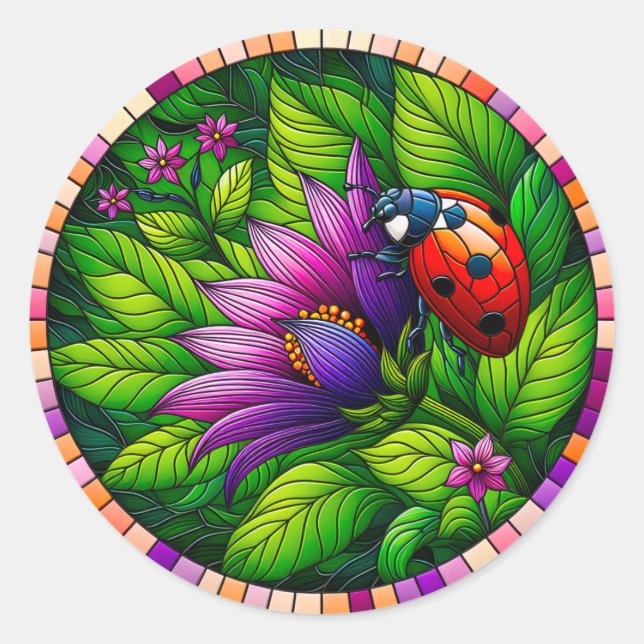 Ladybug Stained Glass Classic Round Sticker (Front)